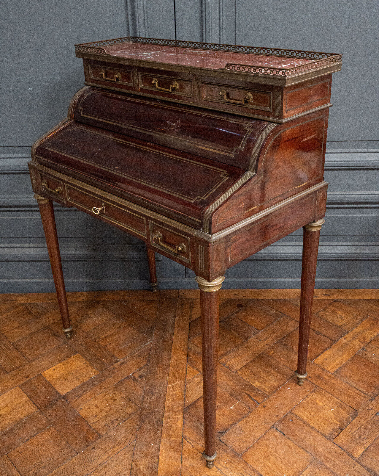 Mahogany cylinder desk nineteenth style Louis XVI red marble