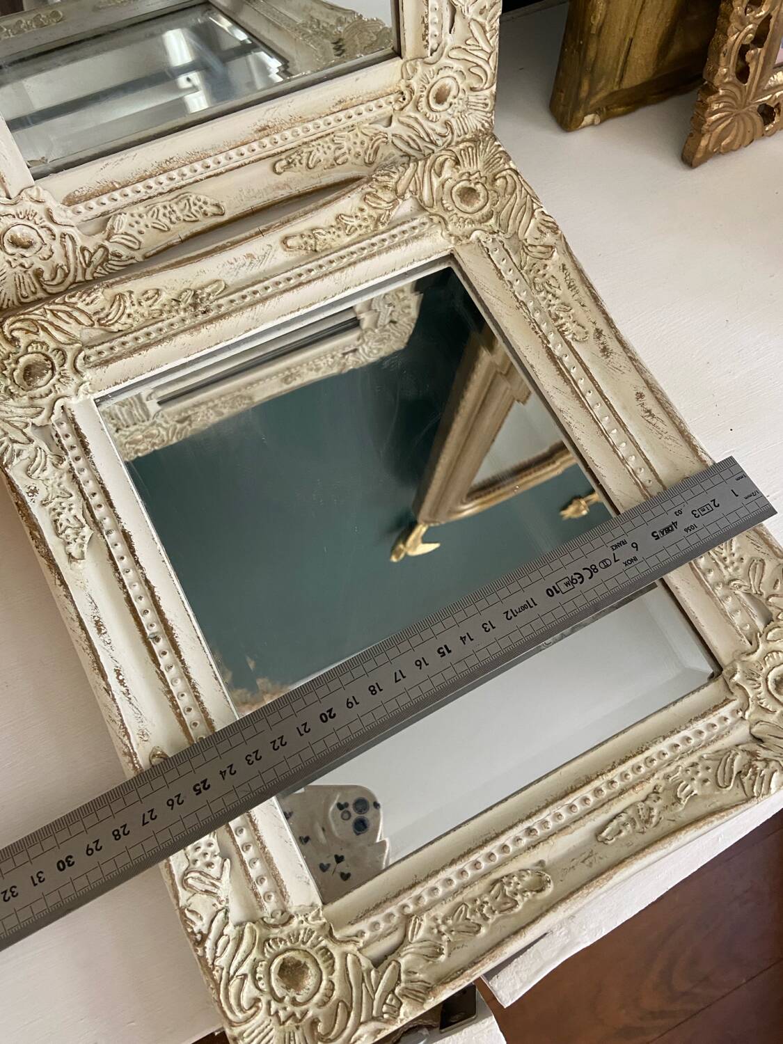 Set of two pretty mirrors in white, beige, and gold tones. Bohemian