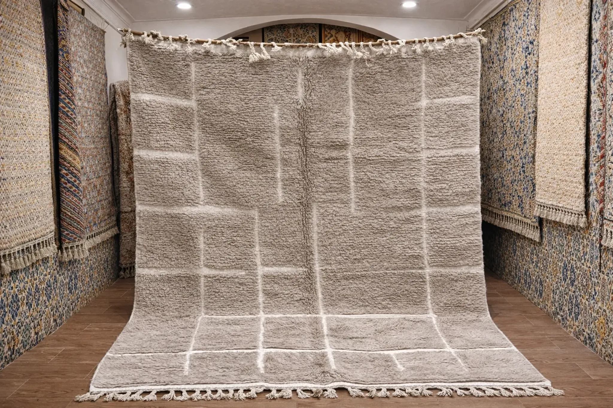 Thick Berber rug in wool – Soft Ivory Grid