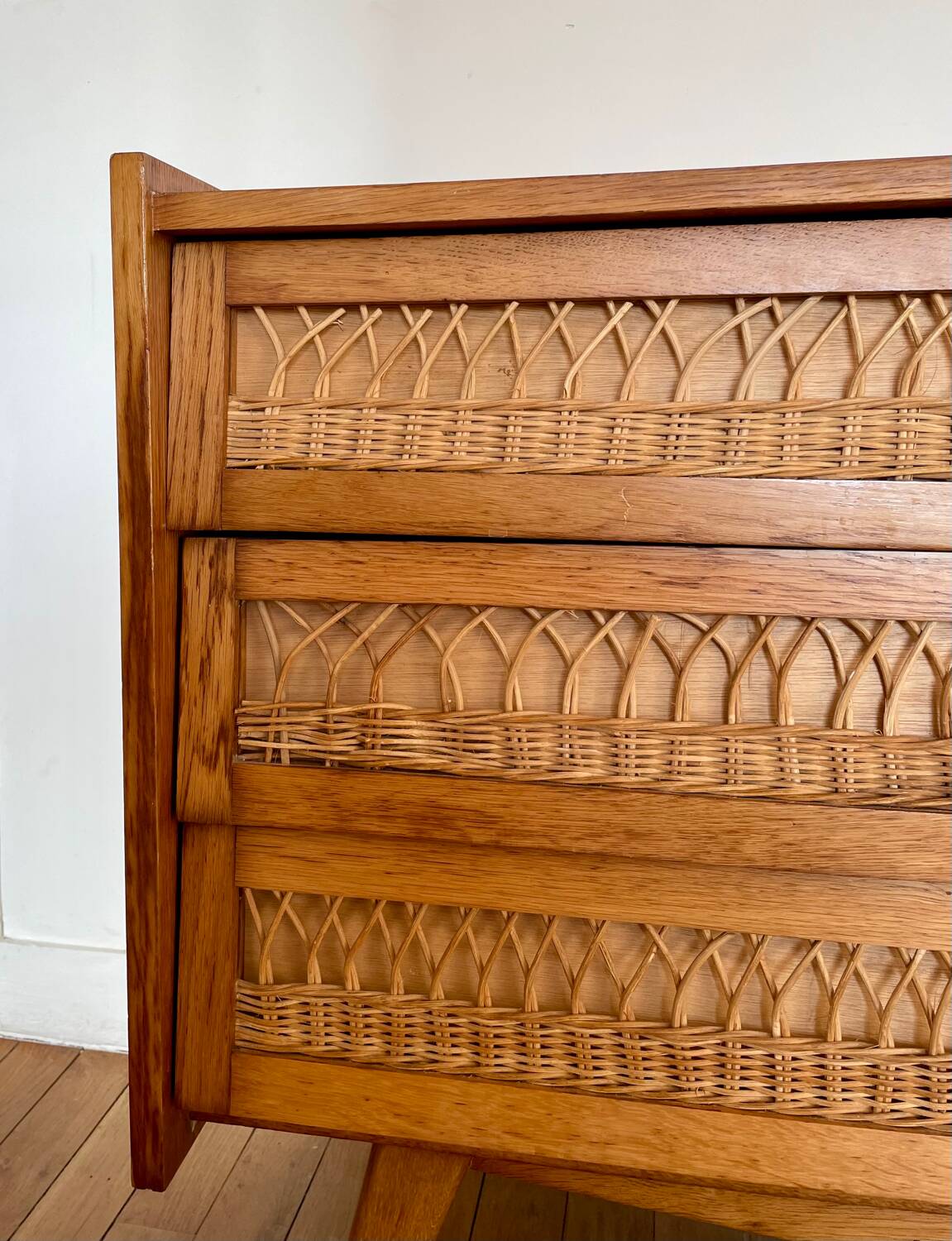 Vintage wooden and rattan chest of drawers