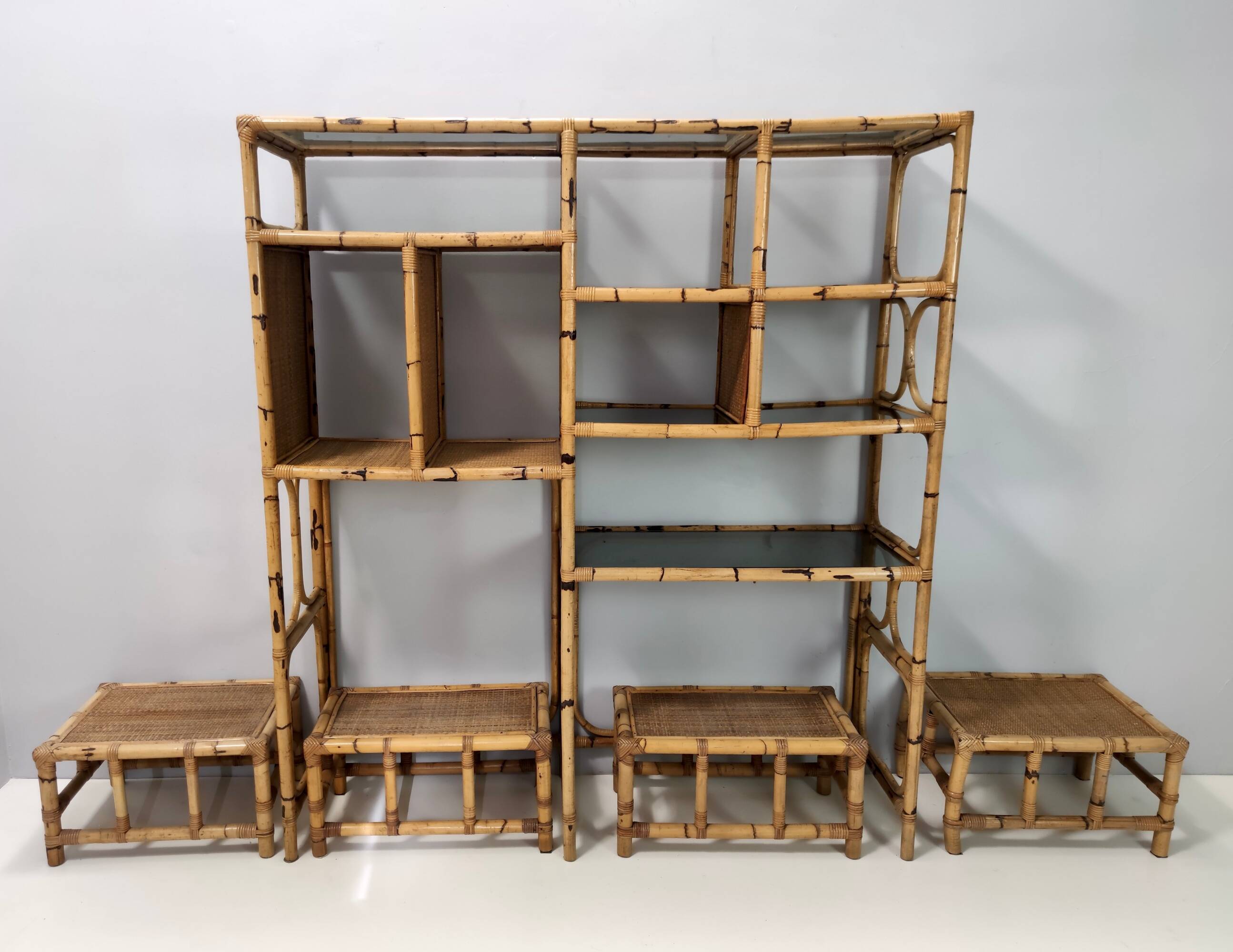 Bamboo Bookcase with Smoked Glass Shelves by Vivai del Sud, Italy