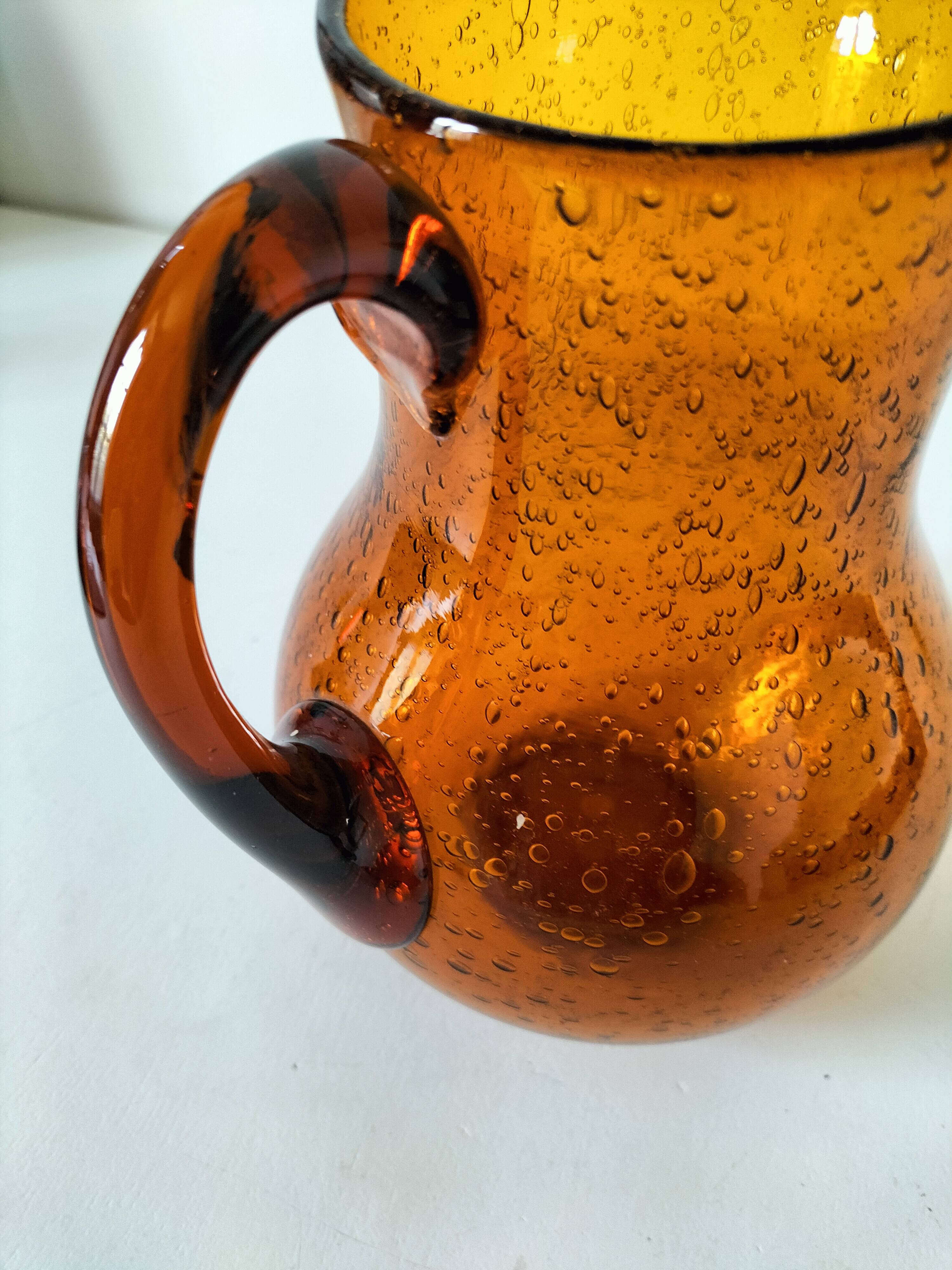 Blown glass pitcher with bubbles from Biot – amber colour
