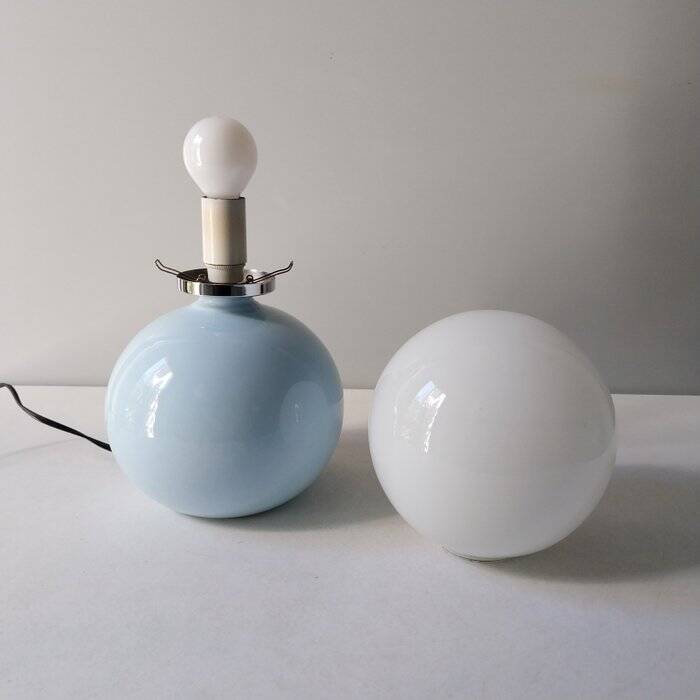 Italian ceramic table lamps with opaline glass shades.