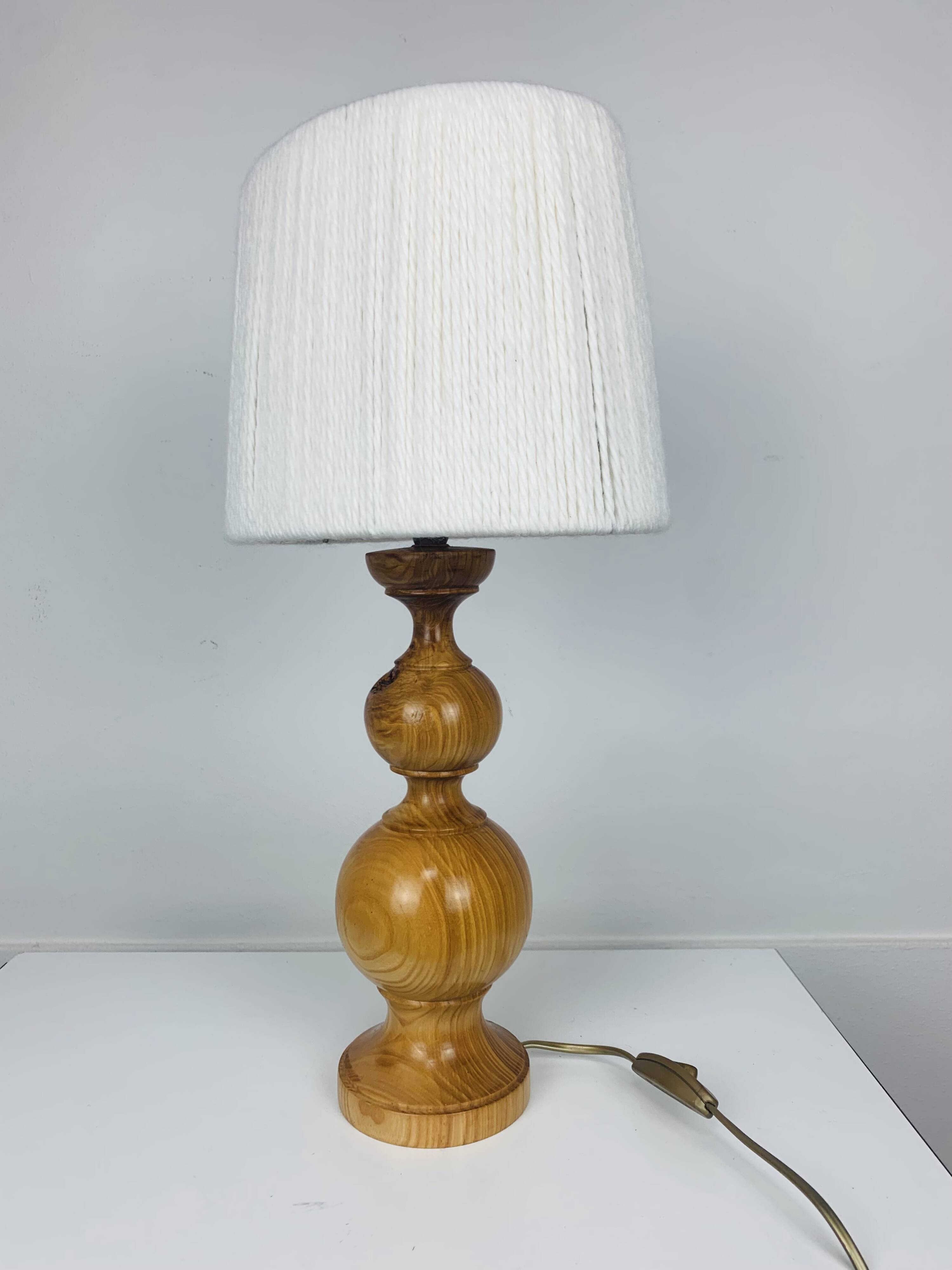 Turned wood lamp and vintage wool lampshade