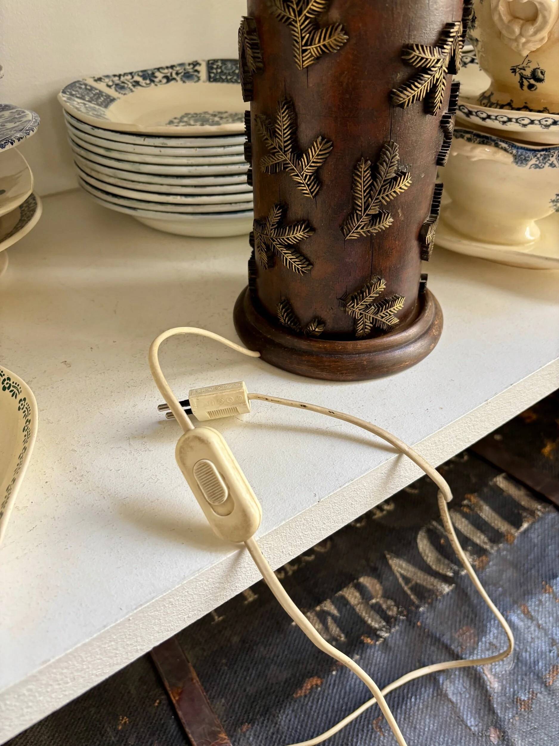 Dark wood and beige cotton block print table lamp