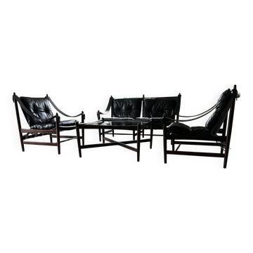 Rare salon safari norvégien en cuir-bois teinté palissandre, 1965