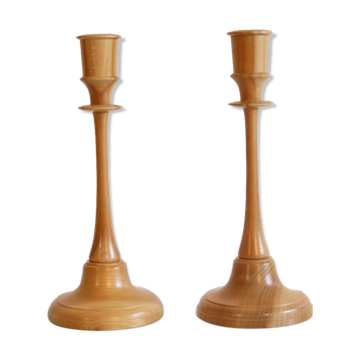 Paire de bougeoirs vintage en bois 1970
