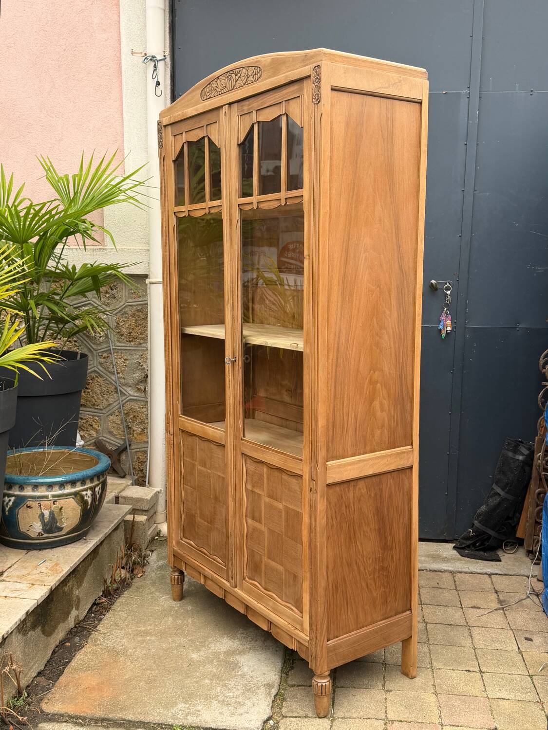 Parisian glass-fronted Art Deco wardrobe in solid raw walnut.