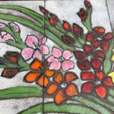 Vintage rectangular coffee table with ceramic inlaid flowers and steel.