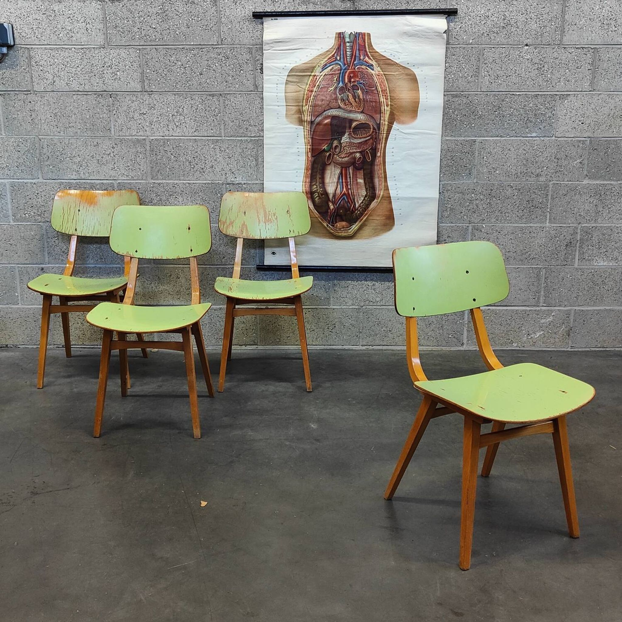 Set of 4 green wooden chairs Tatra Nabytok 1960