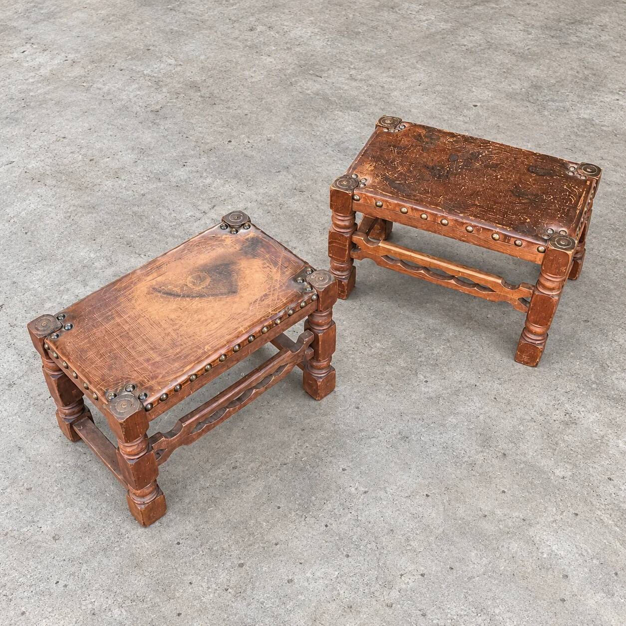 2 x Spanish footstool / wood leather / medieval-style / 1920s