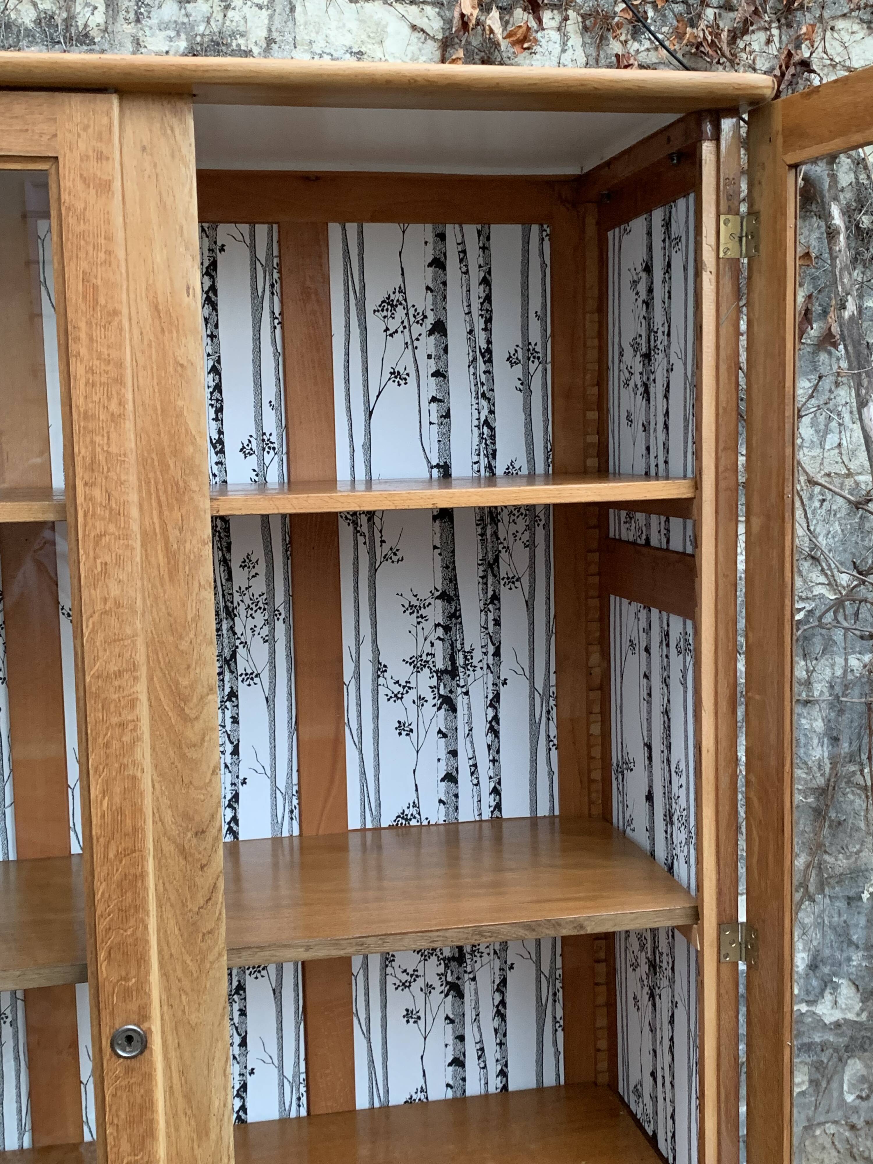 Solid raw oak school glass cabinet 1950