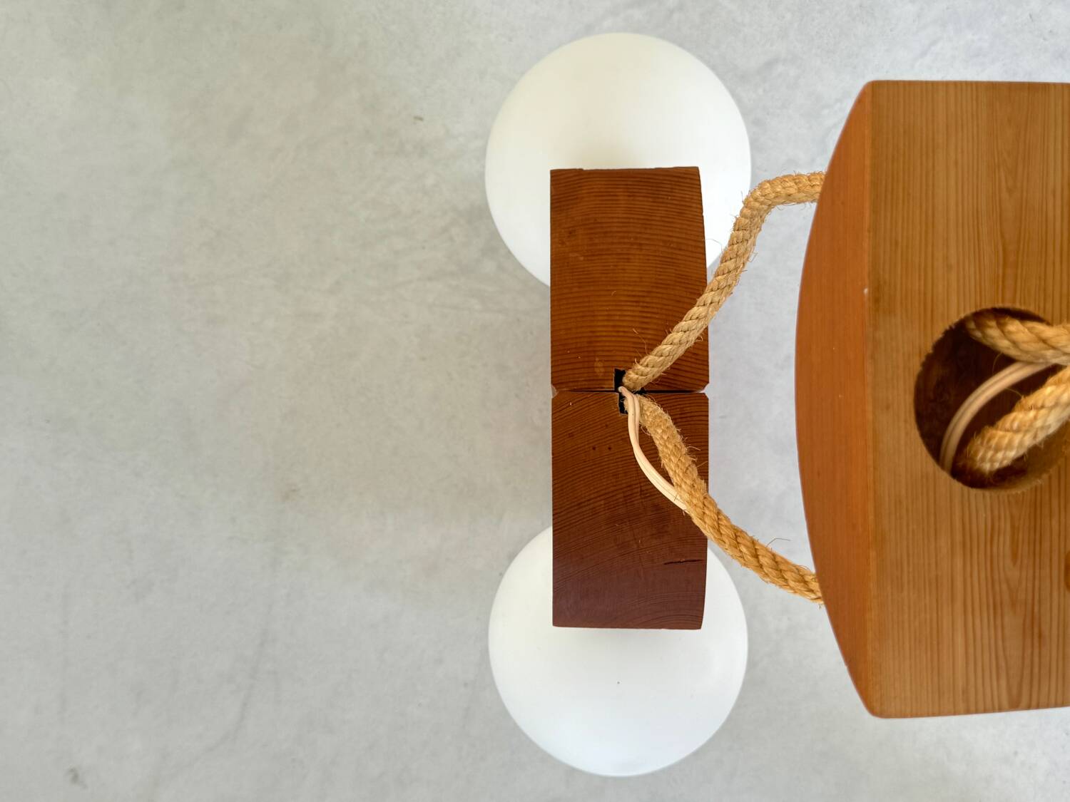 Scandinavian design chandelier pendant, rope, opaline and pine, from the 1980s