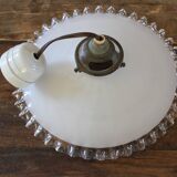 white opaline pendant light with transparent serrated edges from the 50s