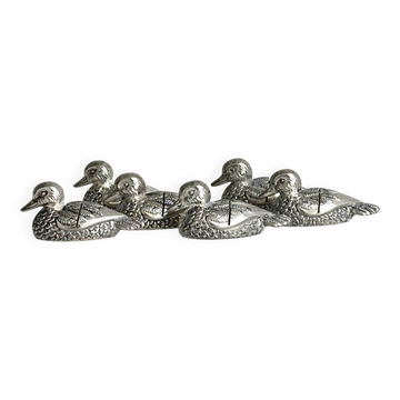 Set of 6 silver-plated metal ducks, name holders and knife rests.