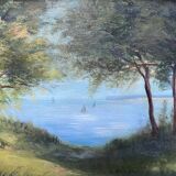 Tableau HSP XIX° Marine "Bord de mer arboré" signé Lucy + cadre