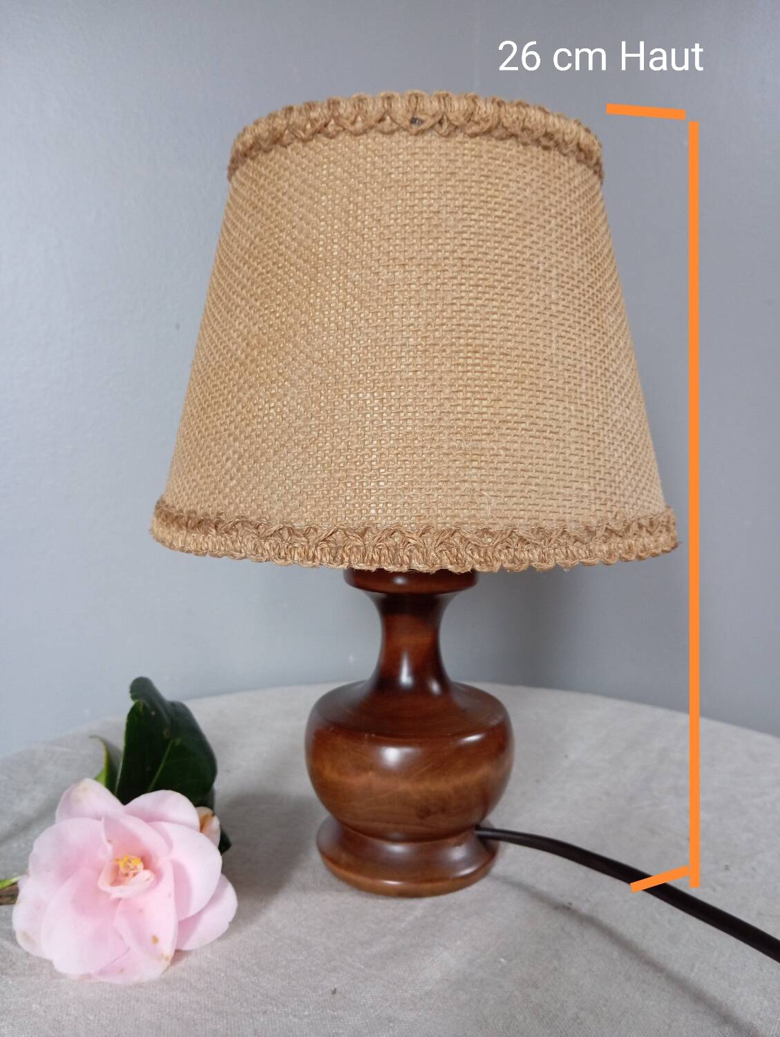 Dark stained turned wood table lamp, camel jute lampshade 1960