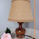 Dark stained turned wood table lamp, camel jute lampshade 1960