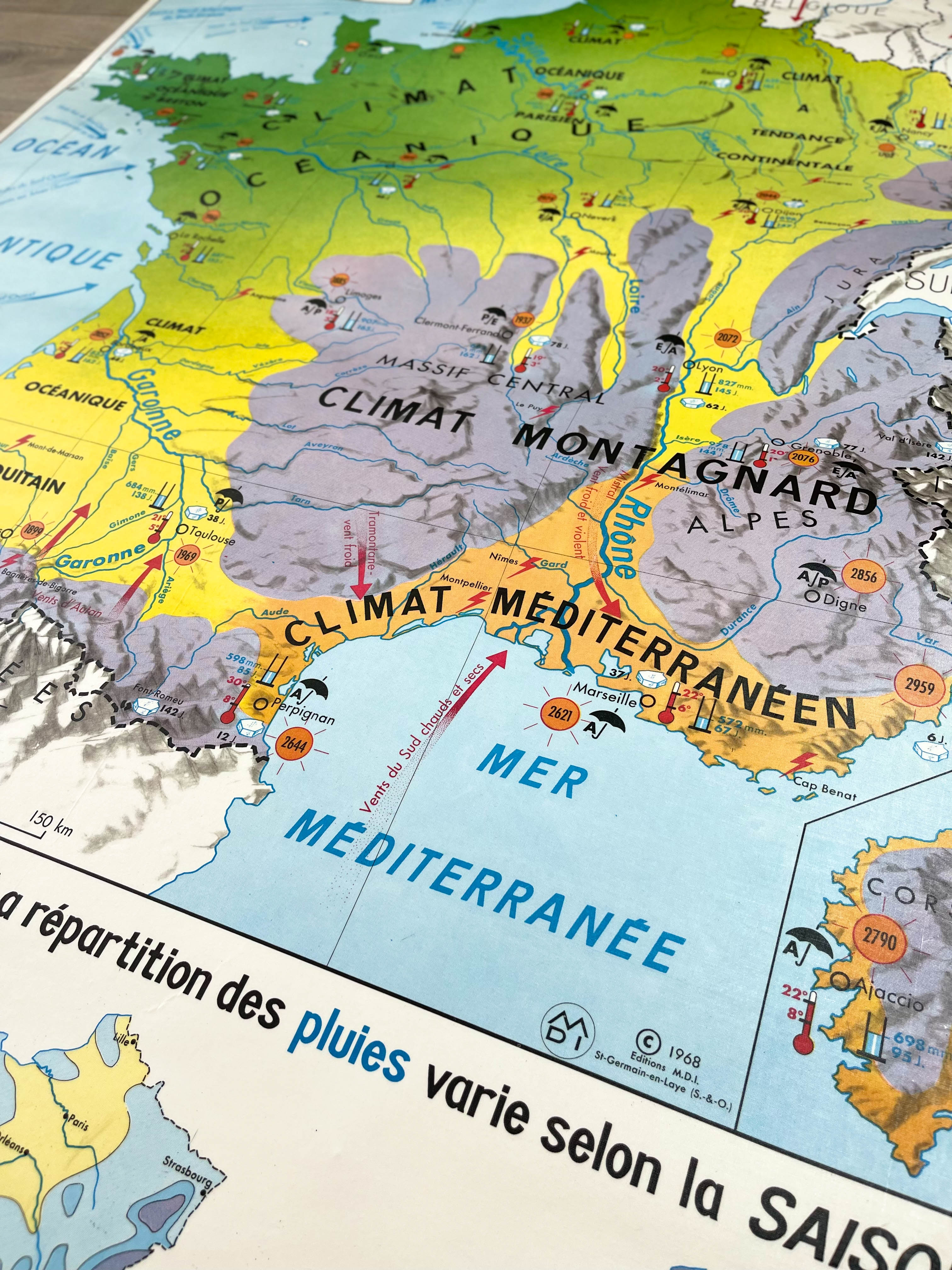 Carte scolaire vintage france climat mdi année 1968