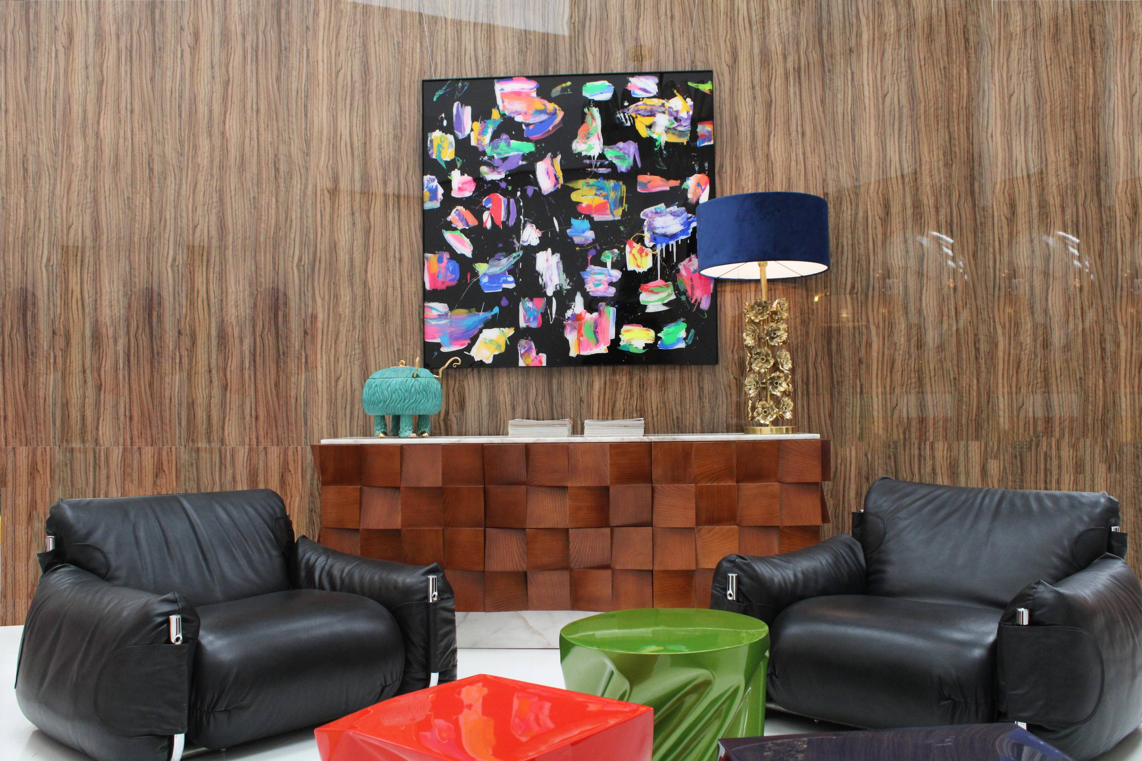Brutalist Style Sideboard In Solid Wood and Siena Marble