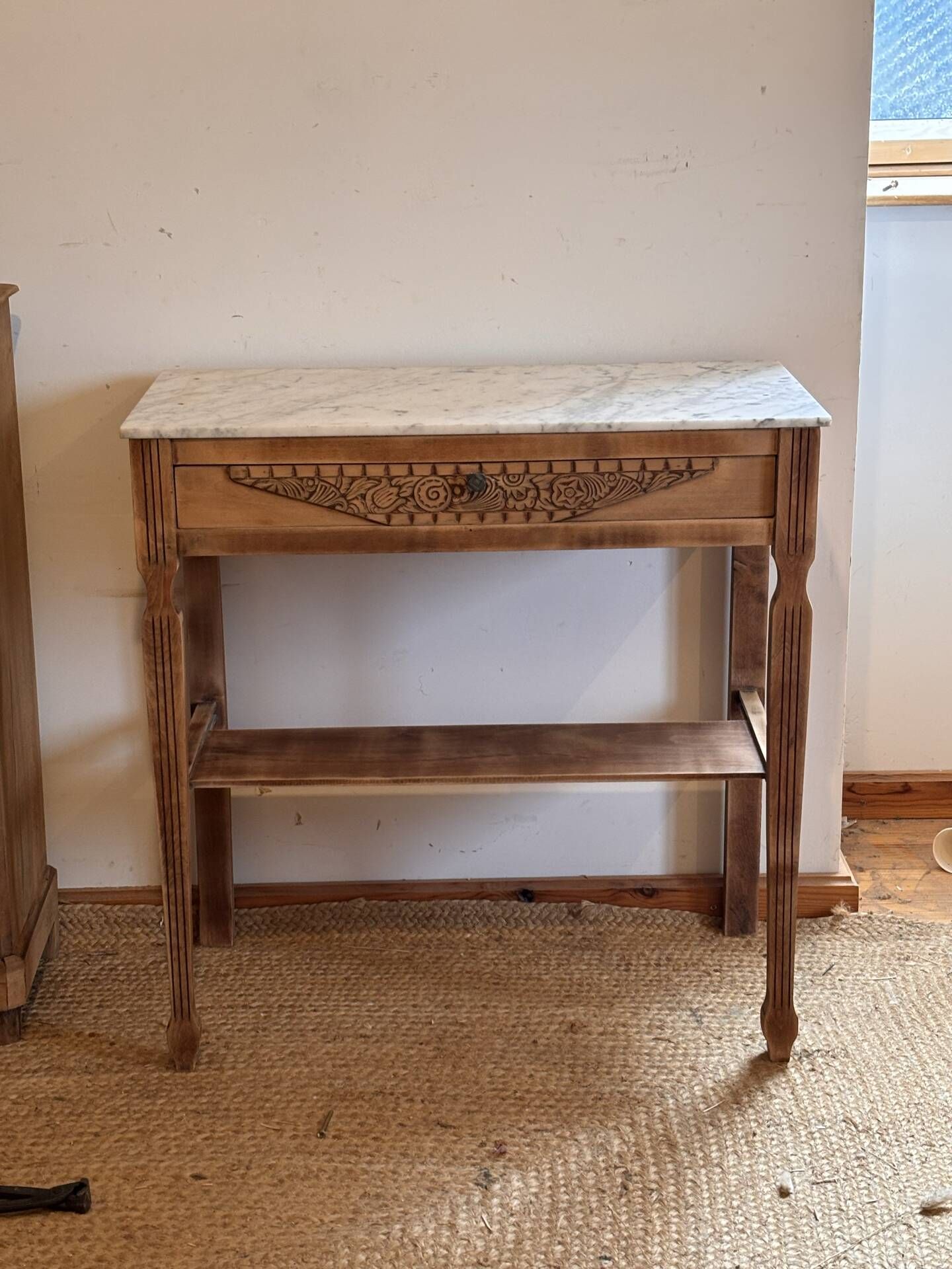 Old solid wood console with marble - 1 drawer