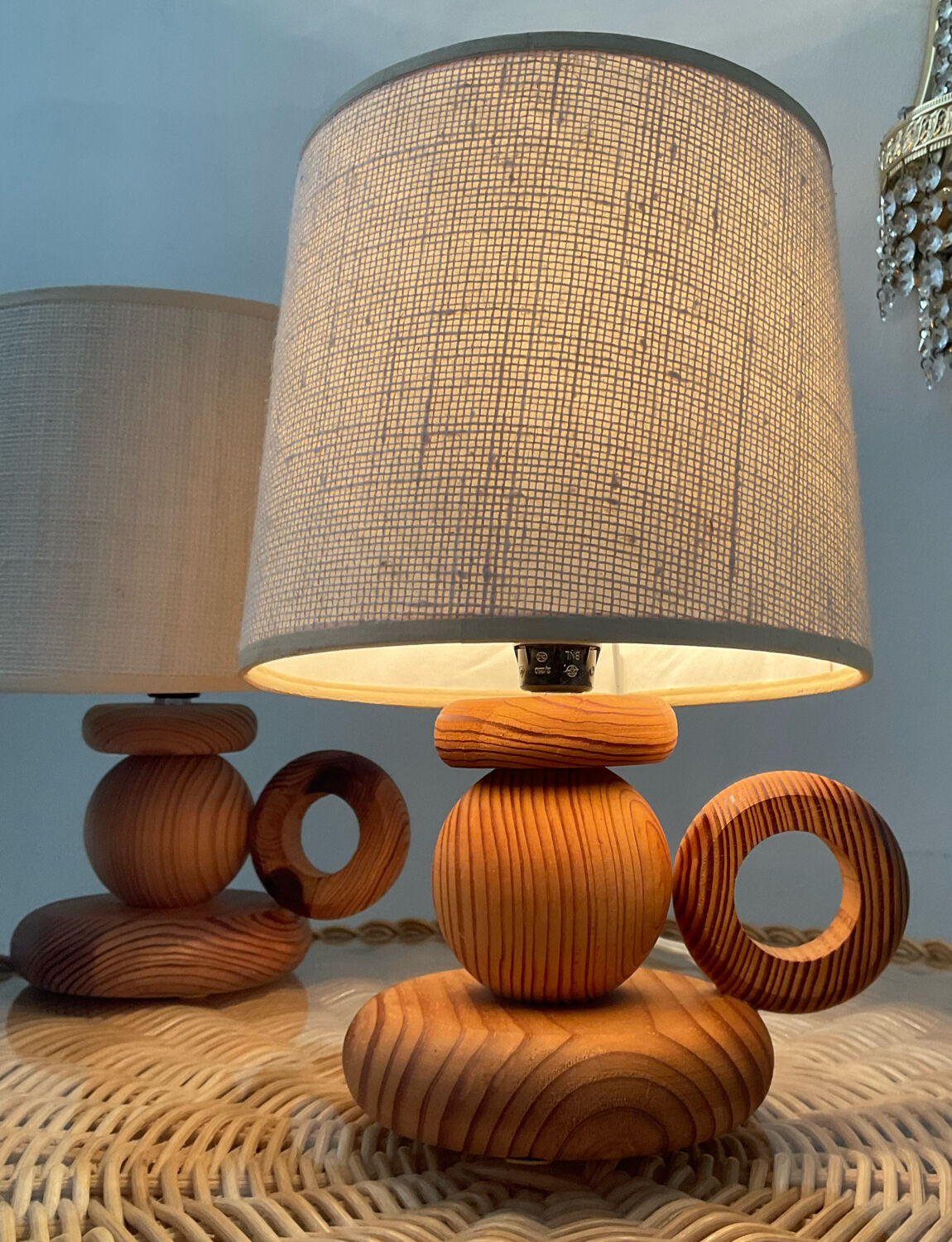 Pair of Scandinavian wooden lamps 60s-70s
