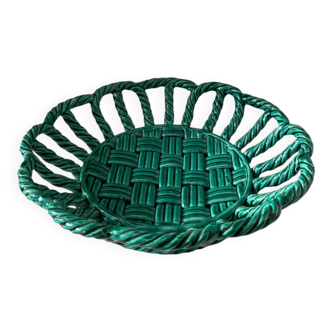 Green woven ceramic fruit basket in the Vallauris style, Malicorne E T