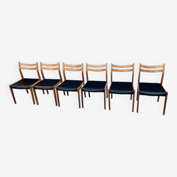 Set de 6 chaises scandinave en teck et cuir noir