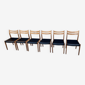 Set of 6 Scandinavian chairs in teak and black leather