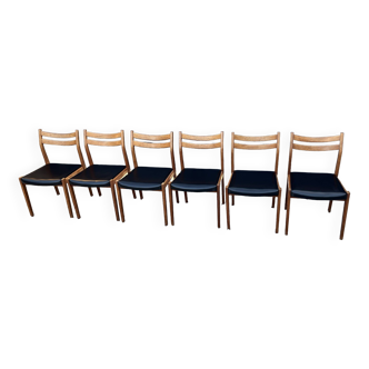 Set of 6 Scandinavian chairs in teak and black leather