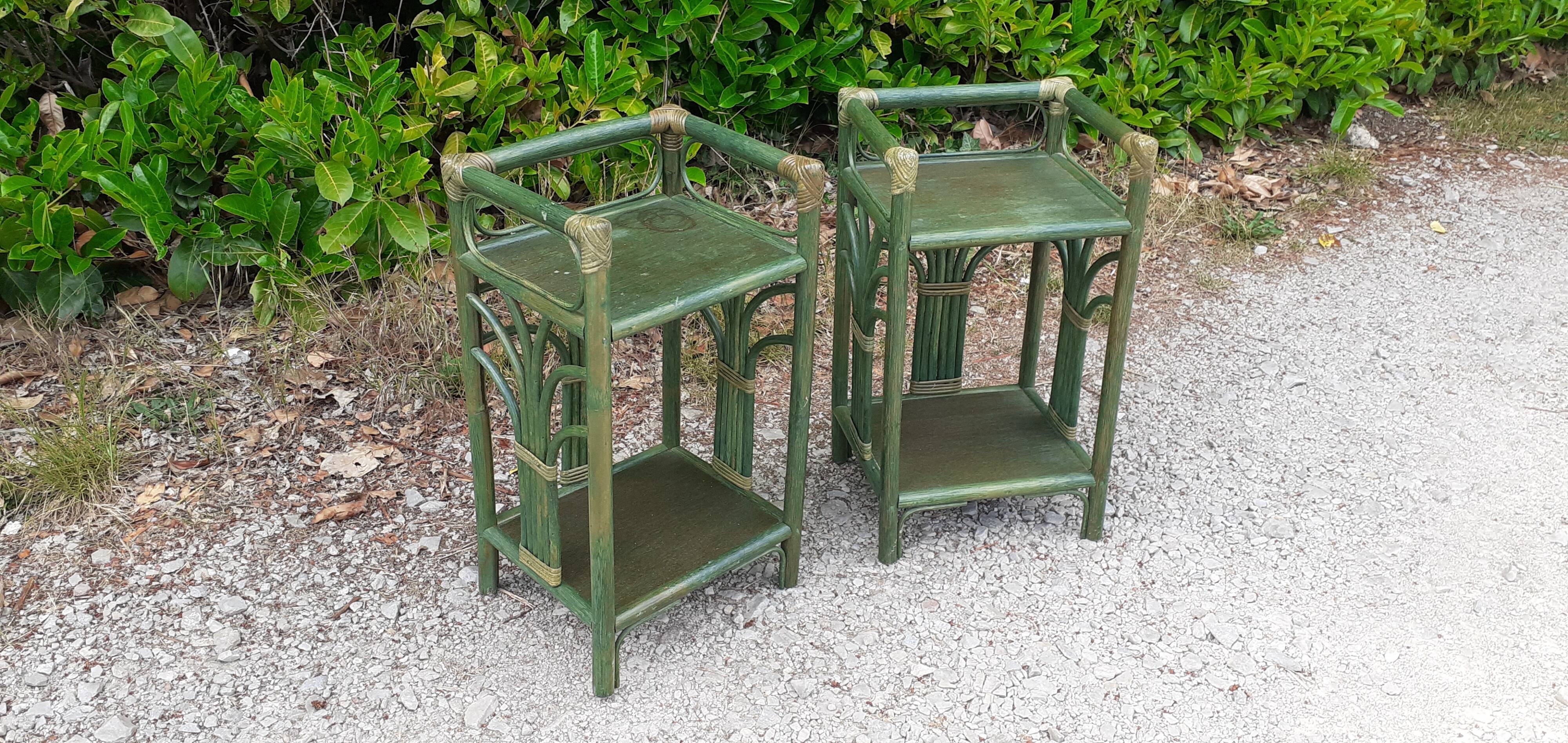 Pairs of bedside tables 2 green rattan shelves
