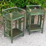 Pairs of bedside tables 2 green rattan shelves