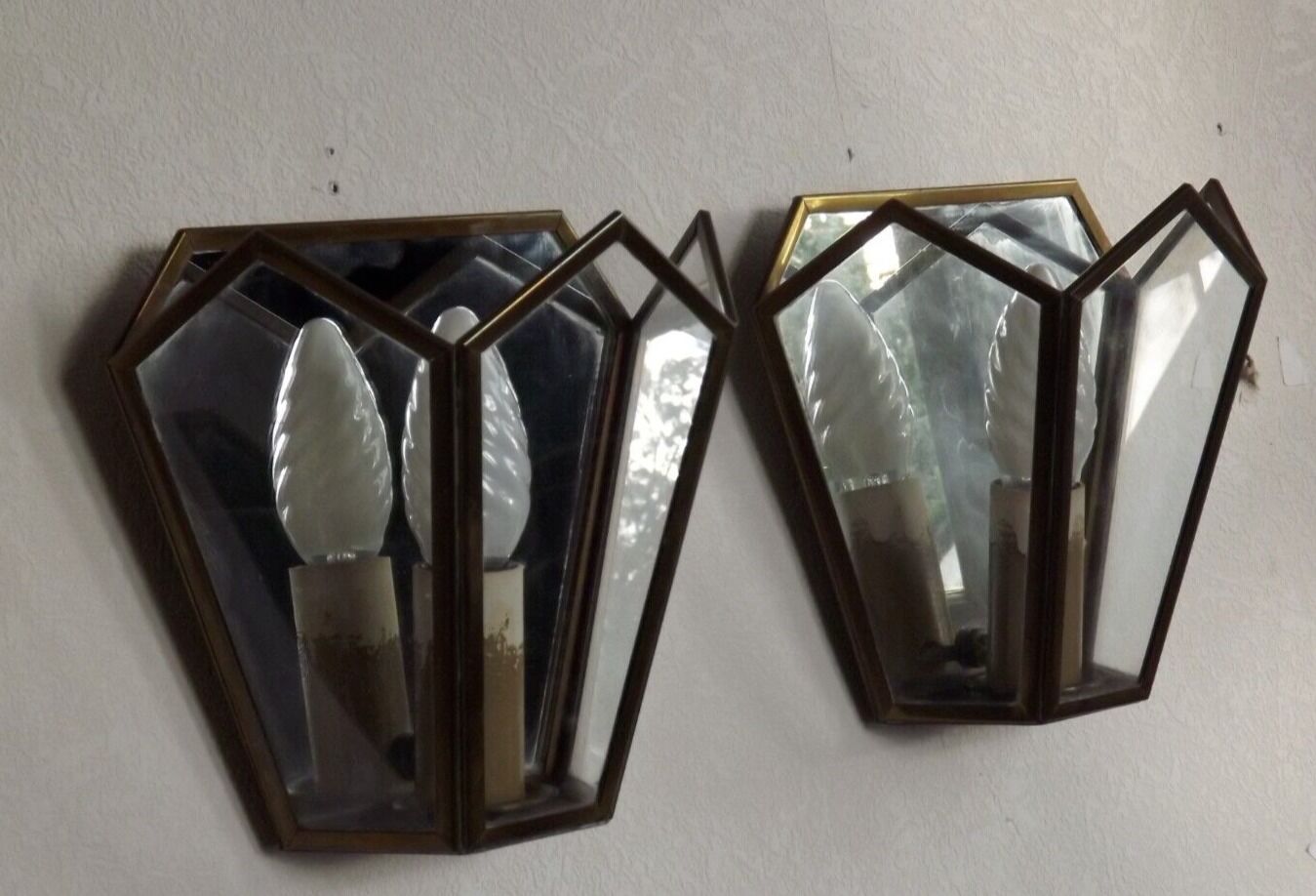 Matching pair french mid century copper & glass single light wall lanterns 3915