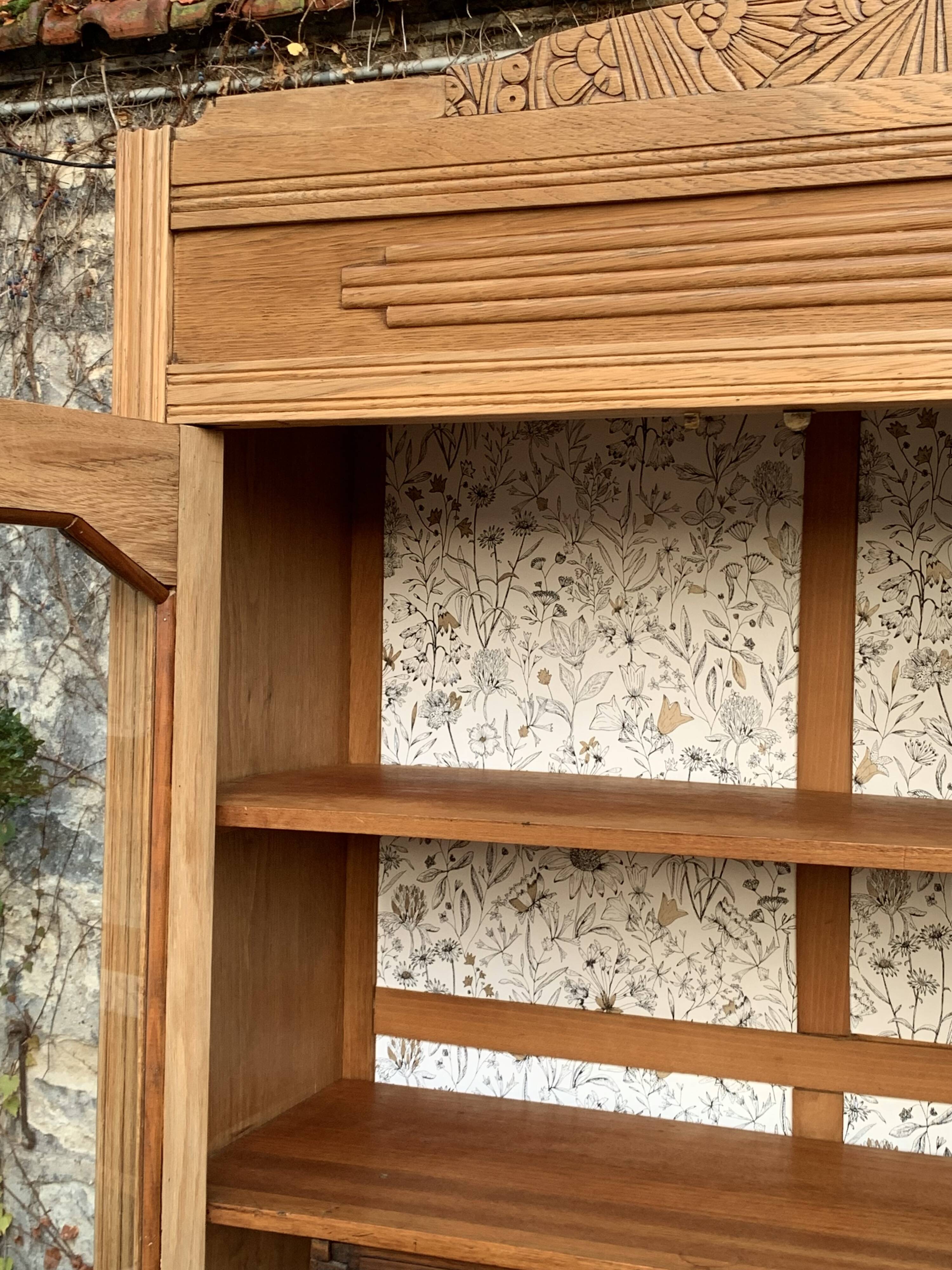 Parisian art deco glass cabinet in raw wood