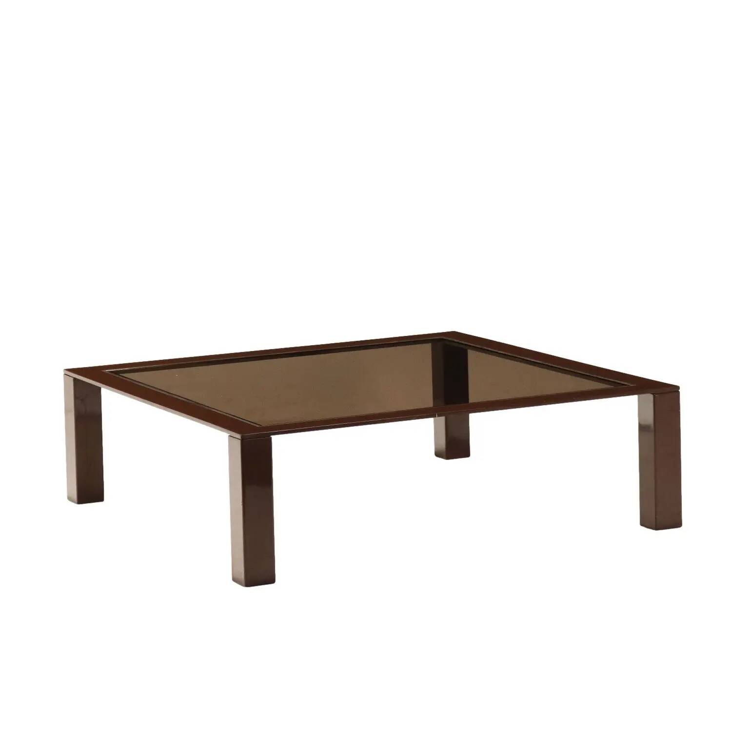 Vintage coffee table from the 1970s-80s in enamelled metal and smoked glass.