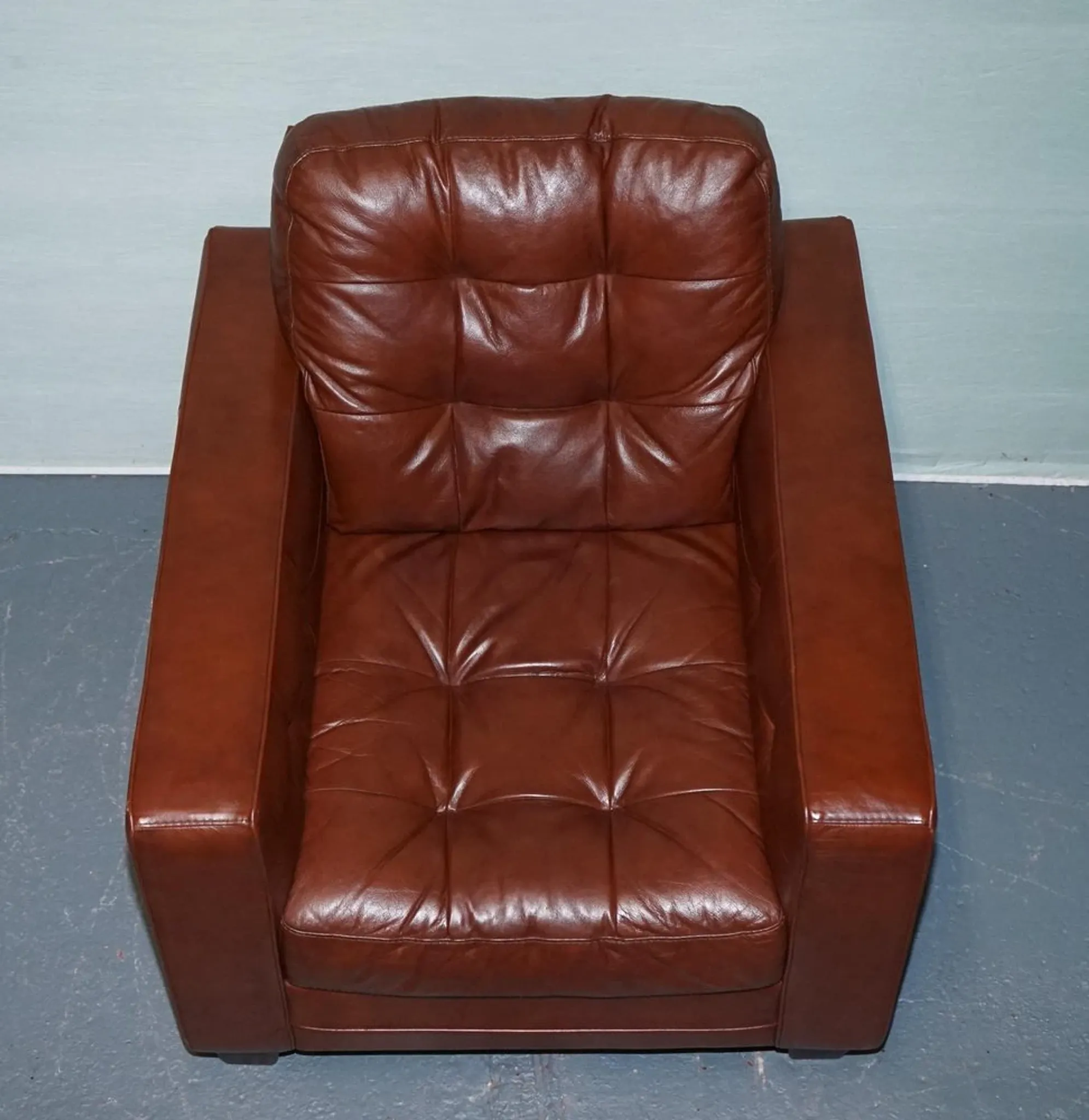 Vintage Minimalist Brown Leather Buttoned Armchair