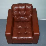 Vintage Minimalist Brown Leather Buttoned Armchair