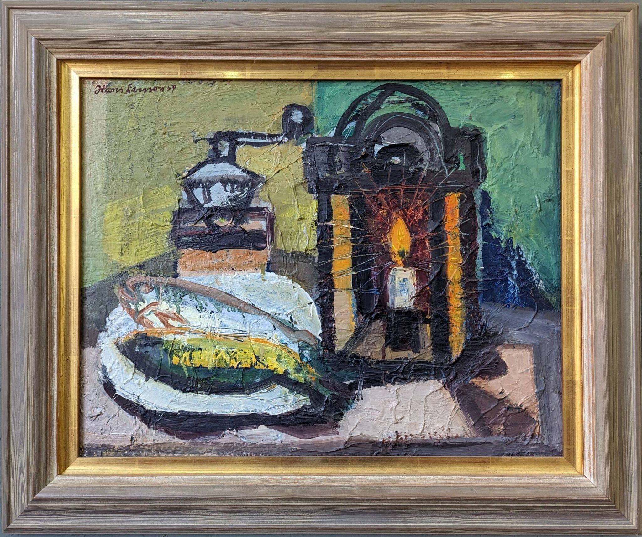 1959 Mid-Century Modern Swedish "Still Life With Lamp" Vintage Oil Painting, Framed