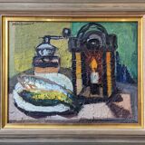 1959 Peinture à l’huile vintage suédoise moderne  « Nature morte avec lampe », encadrée