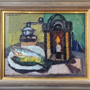 1959 Mid-Century Modern Swedish "Still Life With Lamp" Vintage Oil Painting, Framed