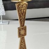 Hebrew/Jewish Flambeau candle holder, engraved Israel. In brass with an old gold patina. Floral patterns/25 cm