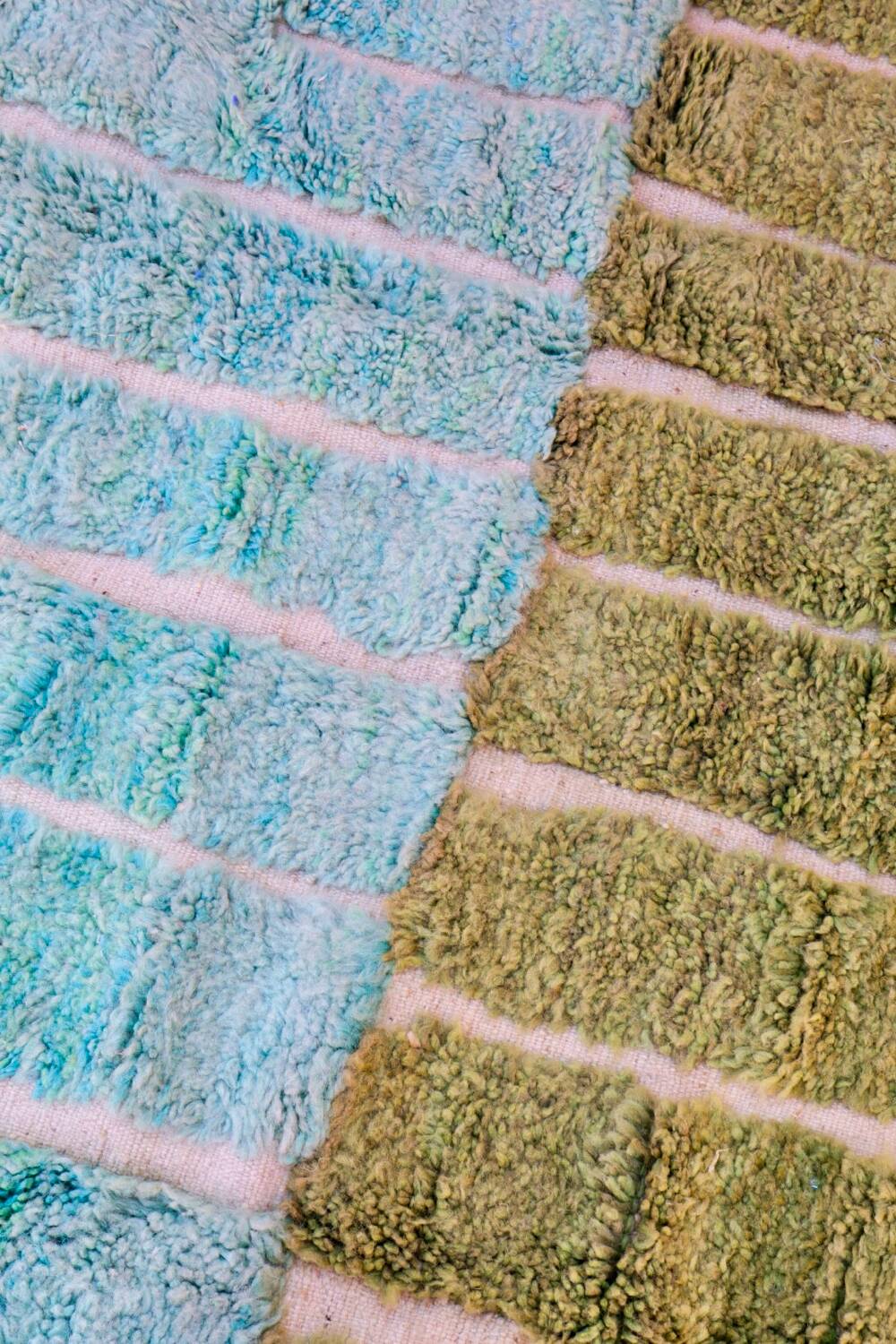 Almond green and blue green Moroccan rug with modern reliefs