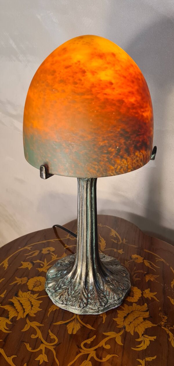Lampe champignon pate de verre pied metal patiné bronze 39x18 elec refait a neuf