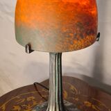 Lampe champignon pate de verre pied metal patiné bronze 39x18 elec refait a neuf