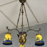 After Muller: Art Nouveau bronze and glass paste chandelier