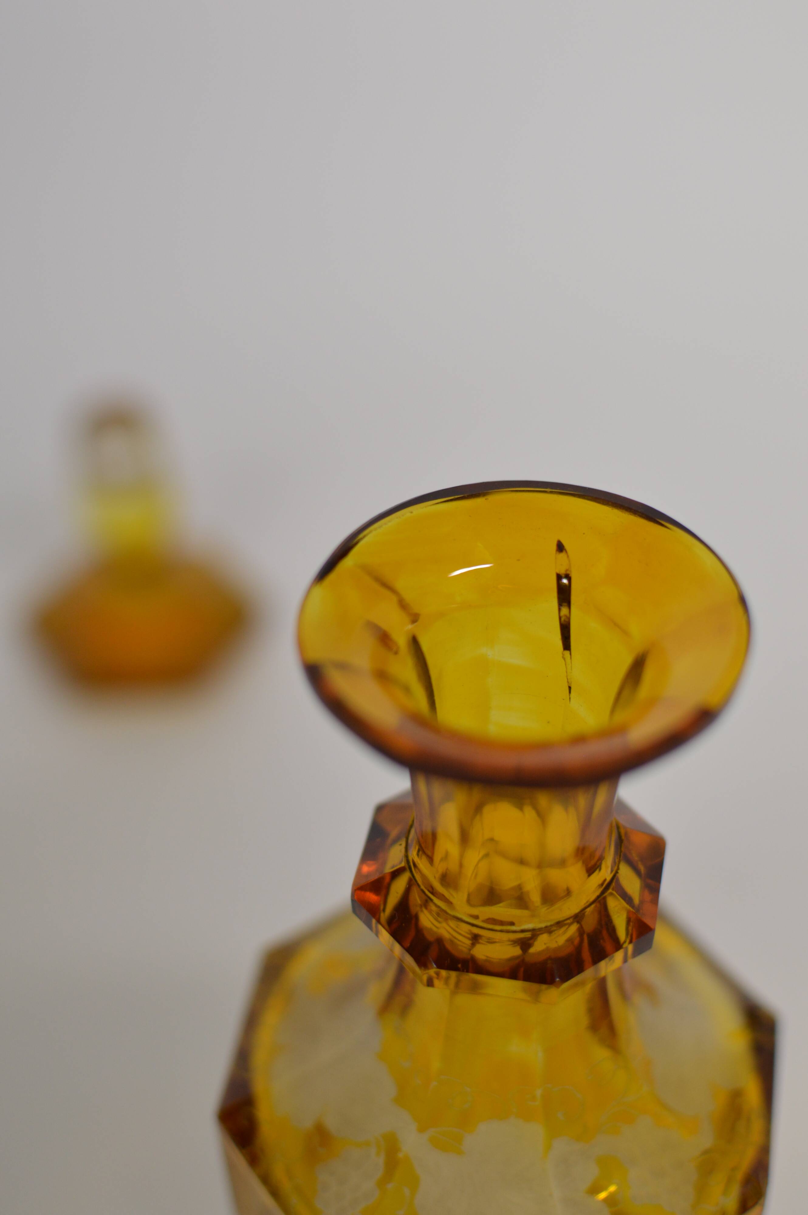 Bohemian glass carafe engraved amber colour