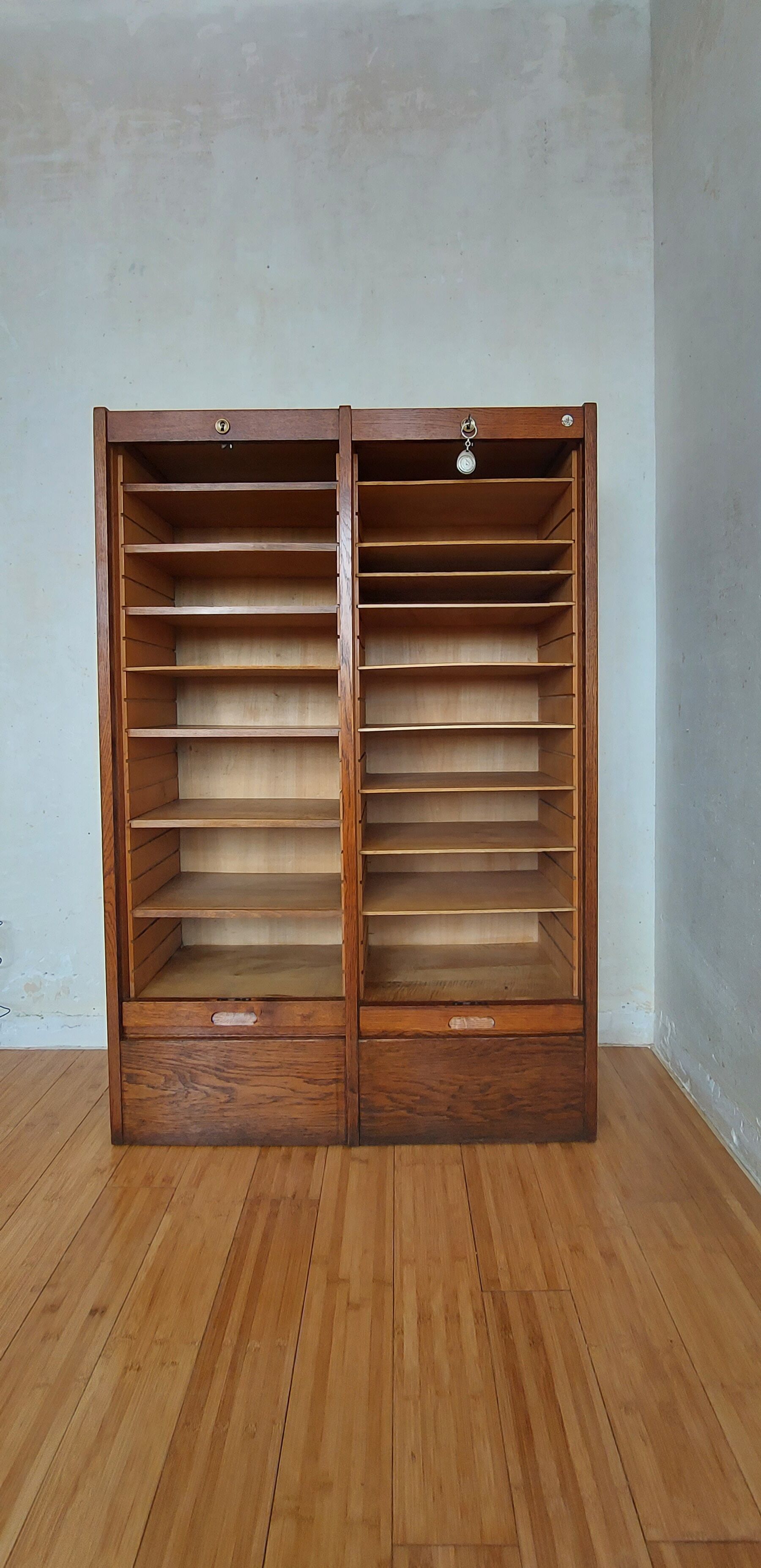 Double frame cabinet with solid oak curtains 50s