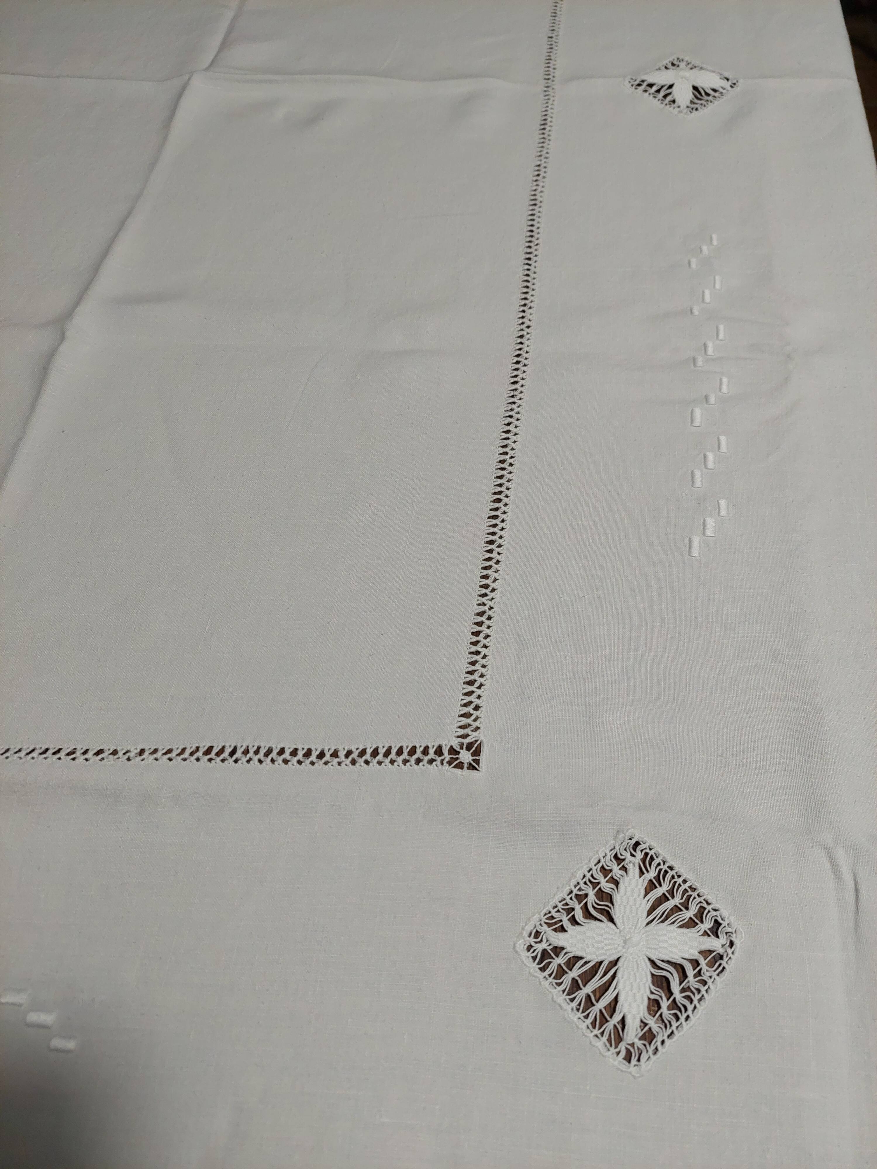 Old white linen tablecloth six day napkins and embroidery 140 X 180 cm