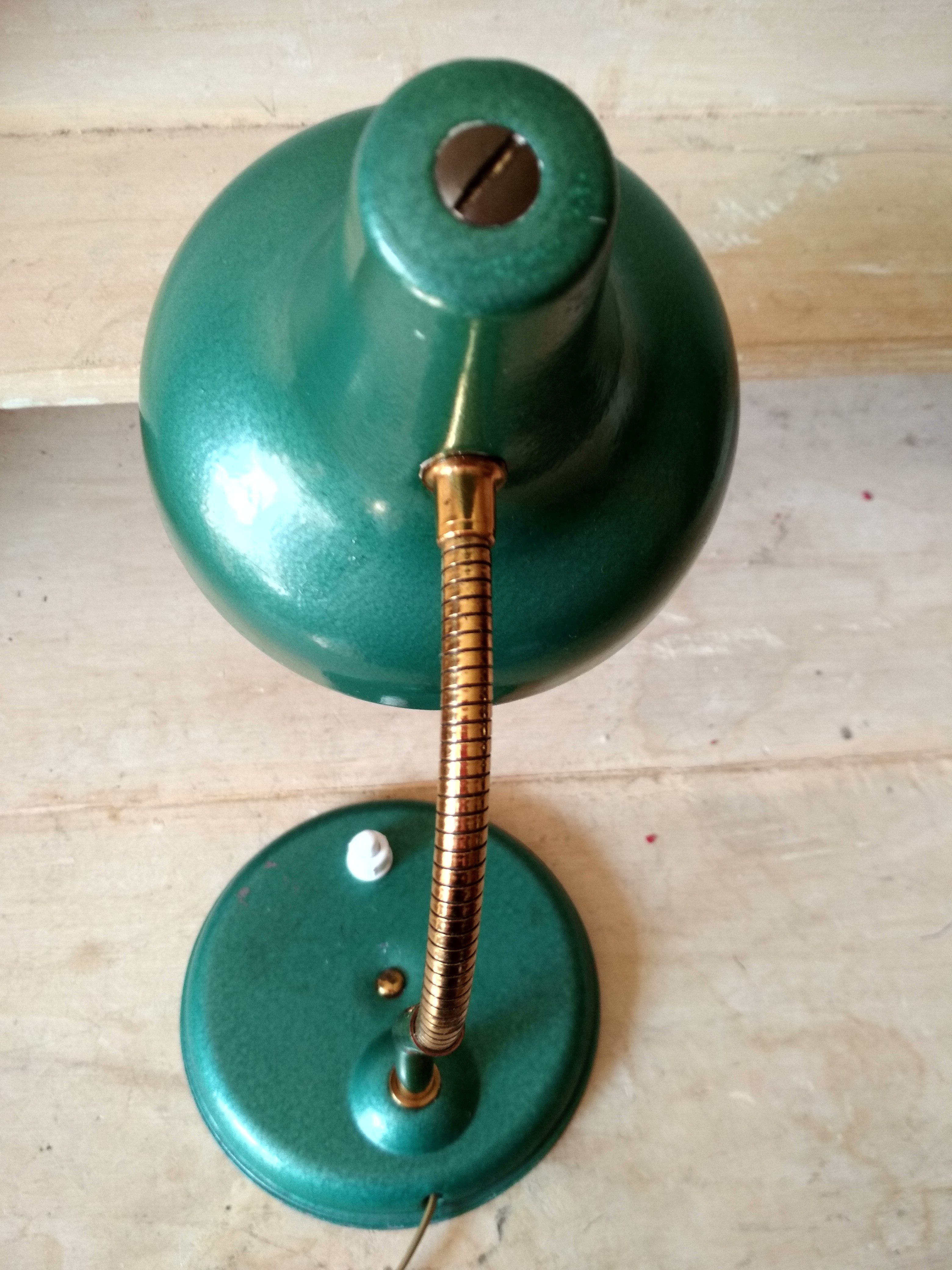 50's 50's green metal articulated desk lamp and golden flexible foot