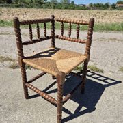 Vintage Dutch rustic corner chair bobbin turned oak with rush seating